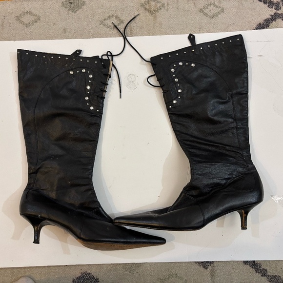 Lace up leather and rhinestone boots - kitten heel - Picture 1 of 6